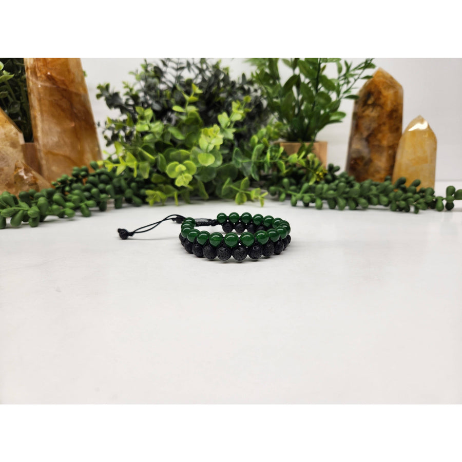 Green Jade and Black Lava woven adjustable two-strand beaded bracelet on product LV4222