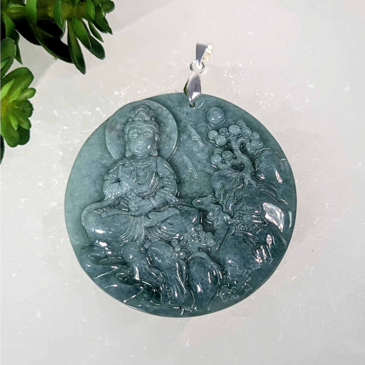 2-inch Jade Quan Yin Medallion Pendant with Seated Buddha #BC0293