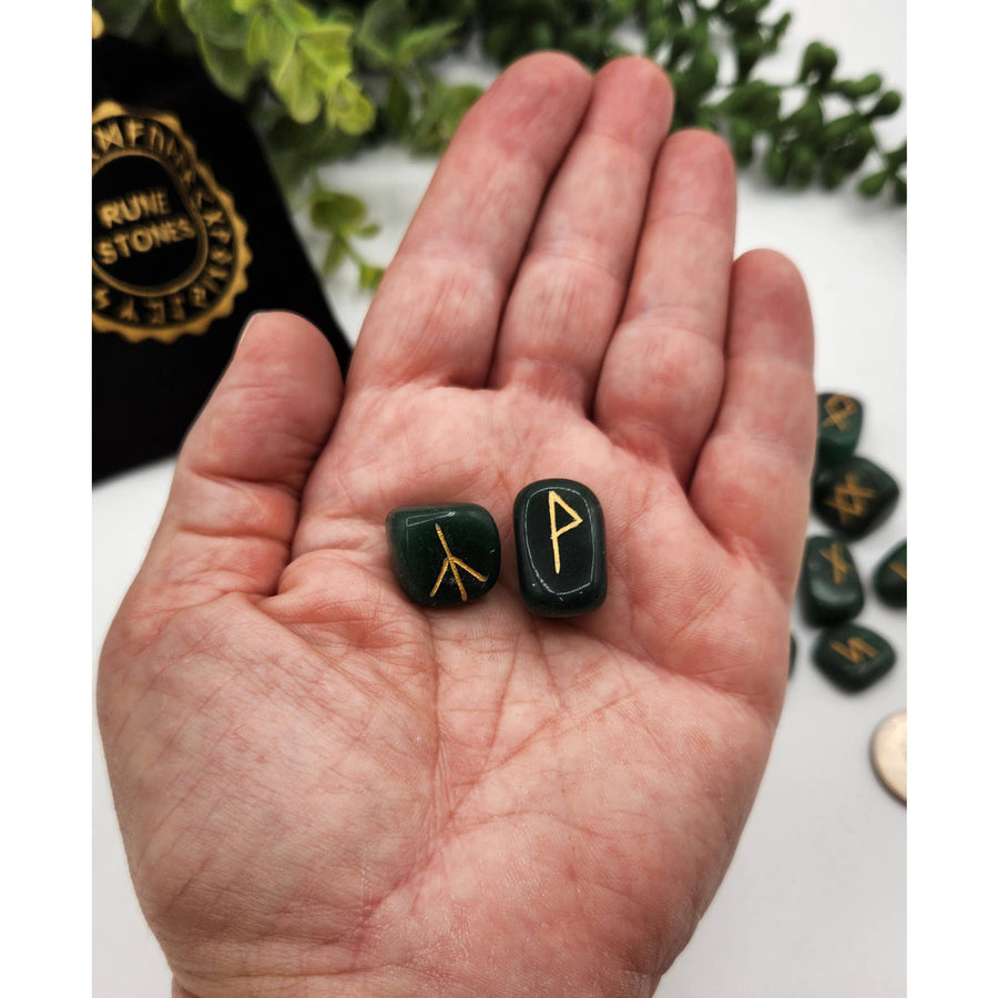 Green and black jade rune stone set with gold accents and velvet pouch LV9506