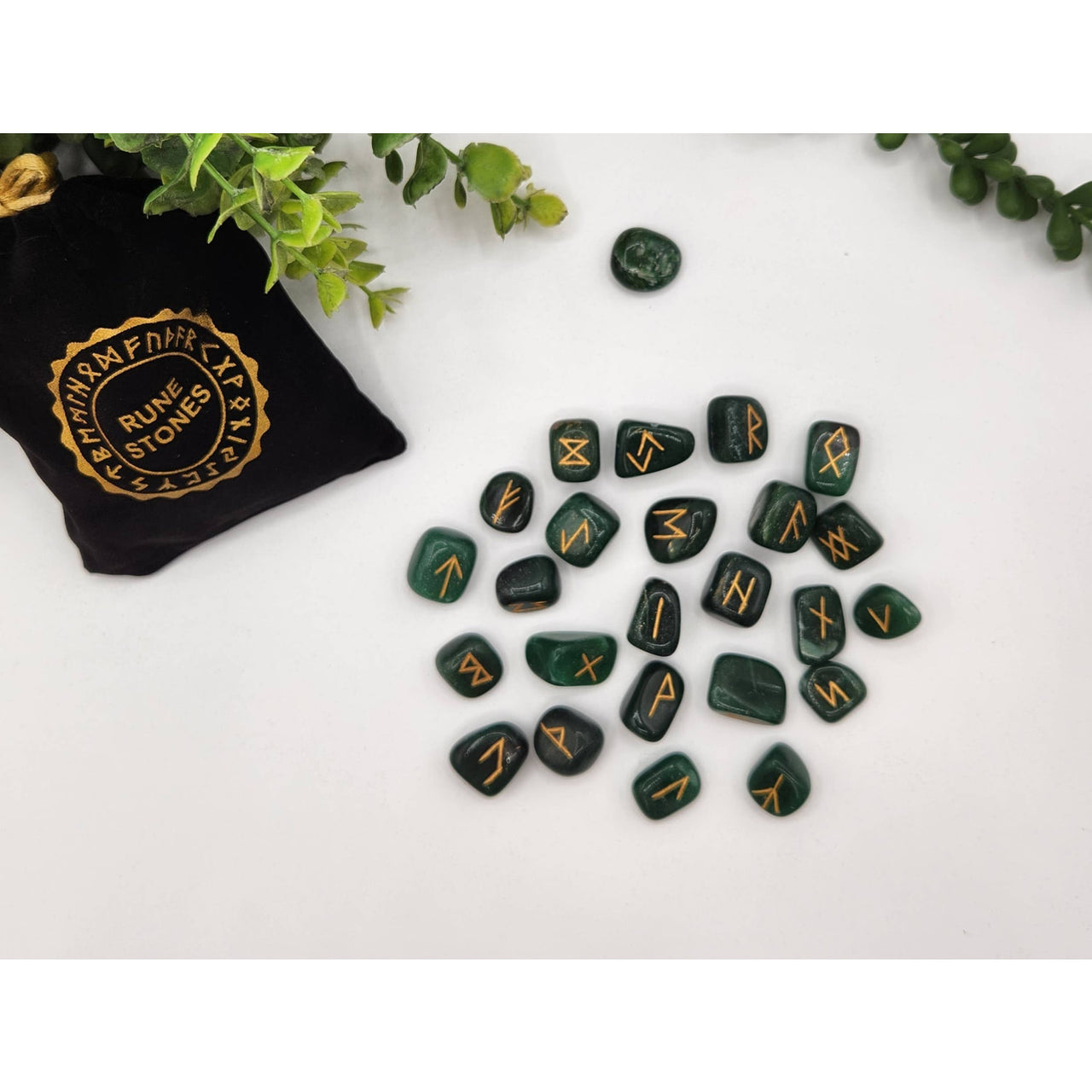 Jade green stone runes with gold inscriptions in velvet pouch LV9506