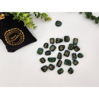 Jade green stone runes with gold inscriptions in velvet pouch LV9506