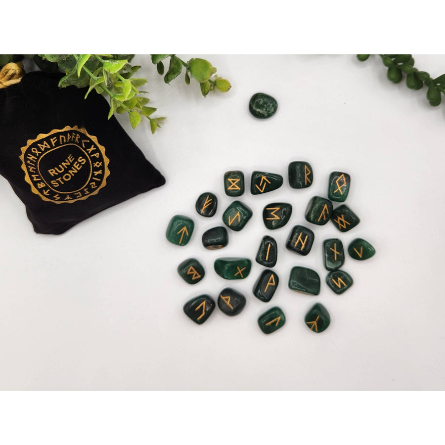 Jade green stone runes with gold inscriptions in velvet pouch LV9506