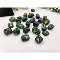 Jade green stone runes with gold markings and velvet pouch
