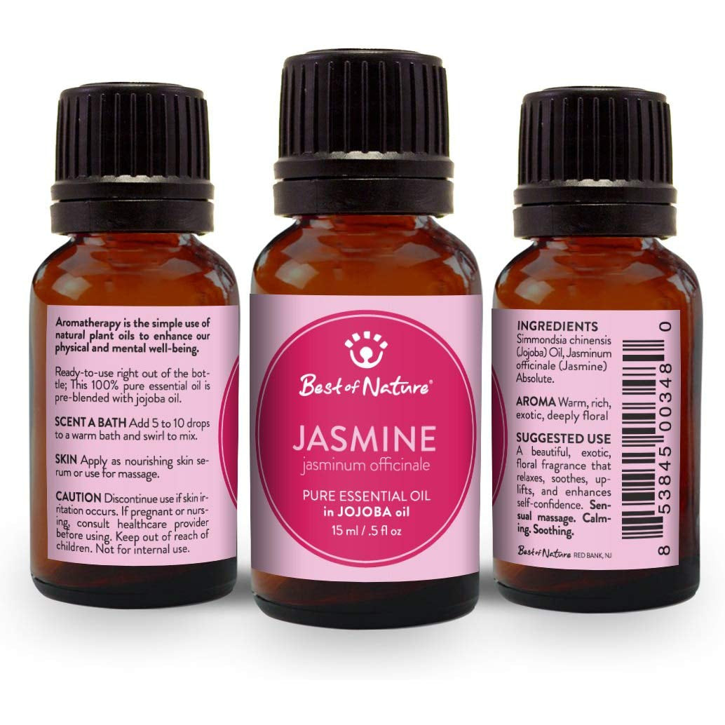 Close up of three Jasmine (Absolute) Essential Oil bottles by Best of Nature #BN19