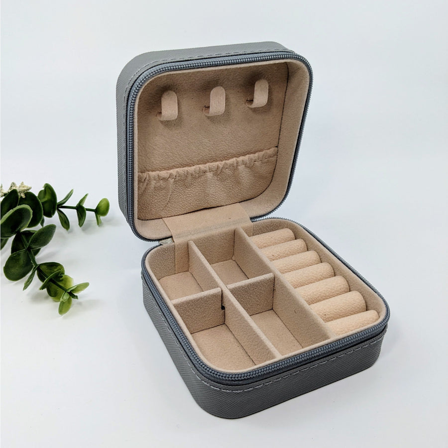 Small grey leather jewelry box with compartments - Jewelry Organizer Travel Size Case