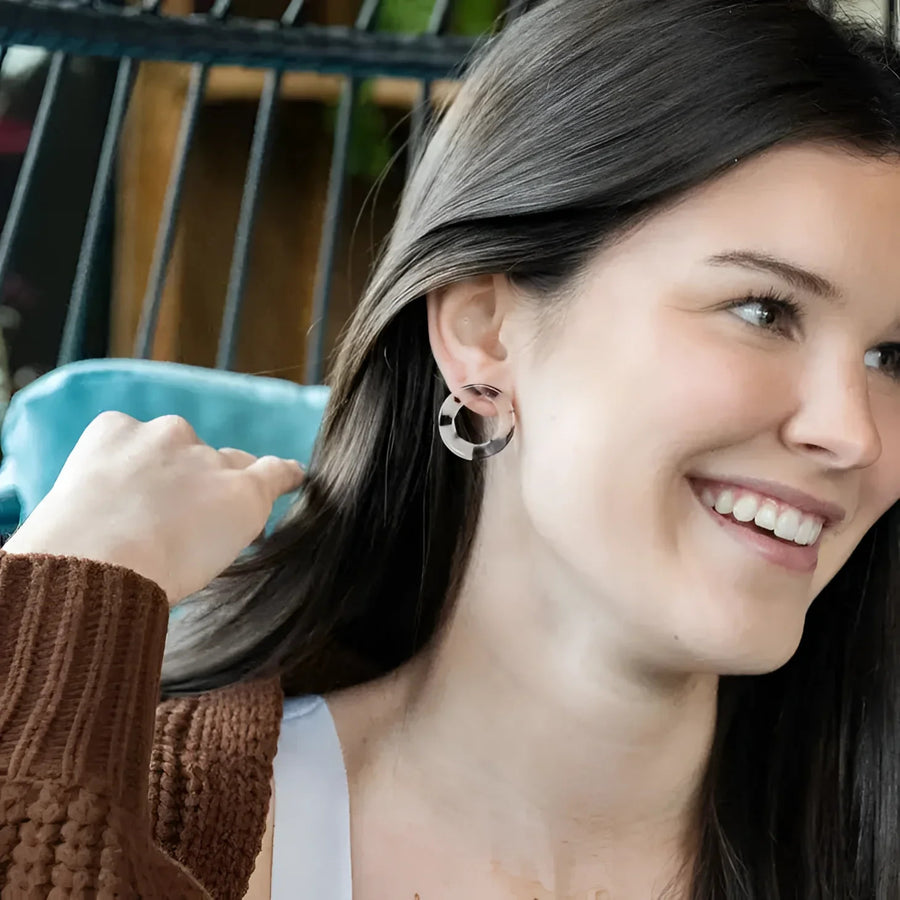 Woman smiling, wearing Jo Jo Studs Blonde or Tortoise earrings #LV3820
