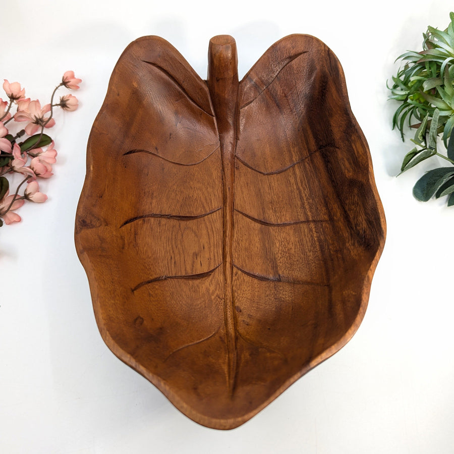 Carved wooden leaf bowl showcasing intricate design in Jumbo Leaf 12-inch Wood Bowl LV8259