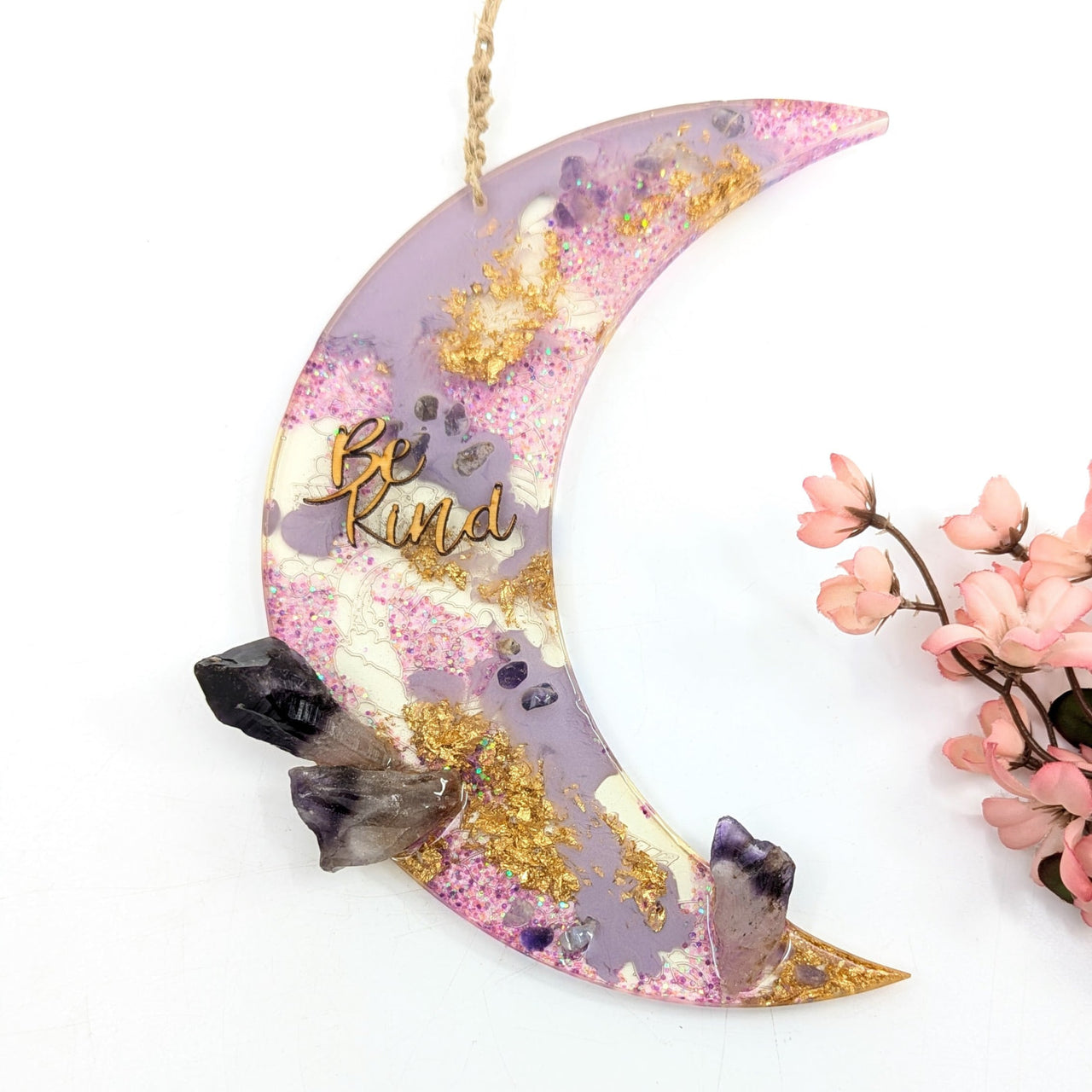 Jumbo 8.5’’ Lavender Pink Resin Crescent Moon Hanging with Amethyst Crystals and Be Kind Script
