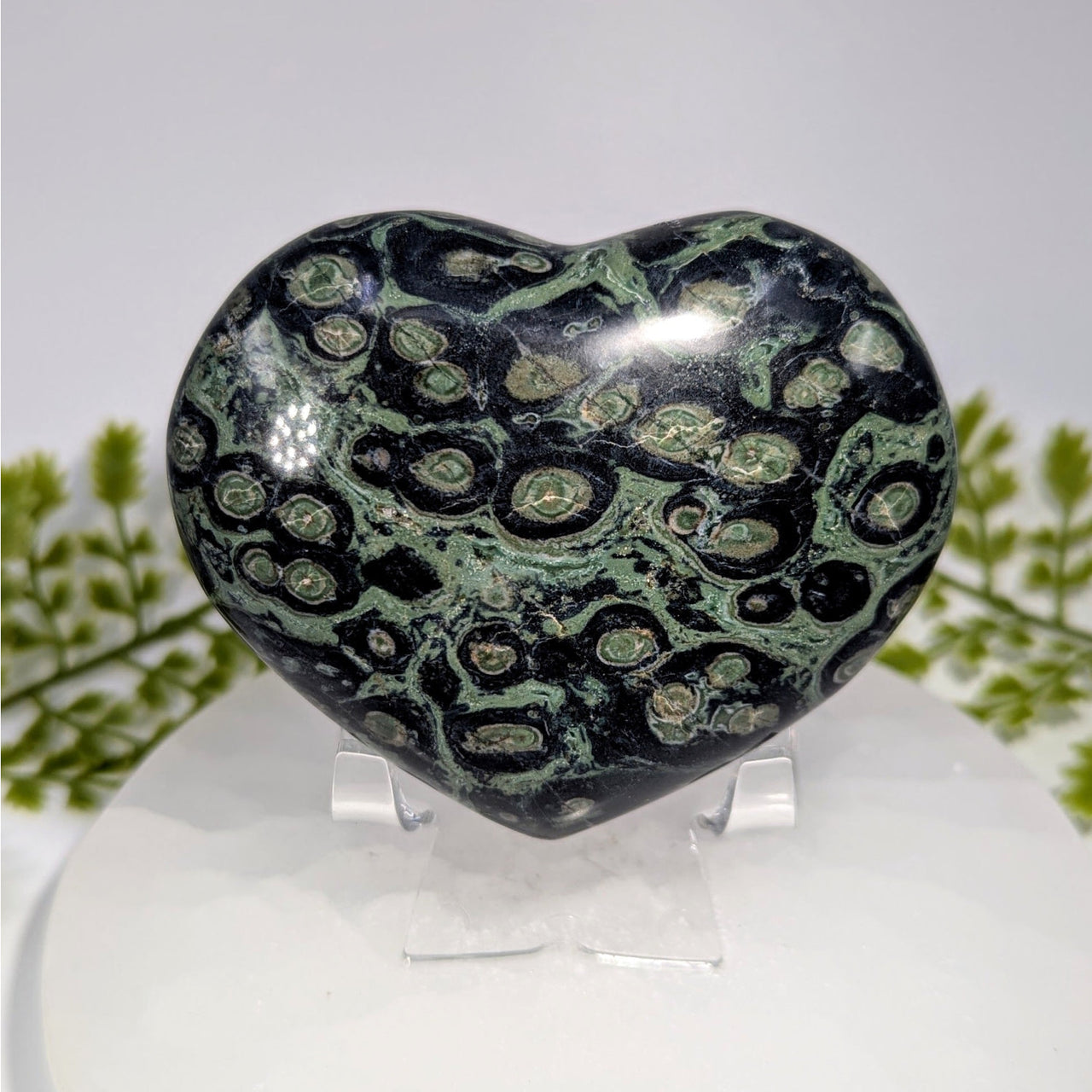 Polished 3.75-inch Kambaba Jasper heart #BC0836 with black-green swirls