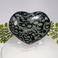 Polished 3.75-inch Kambaba Jasper heart #BC0836 with black-green swirls