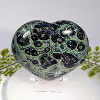 Polished 4-inch Kambaba Jasper heart #BC0837 with green black swirling eye patterns