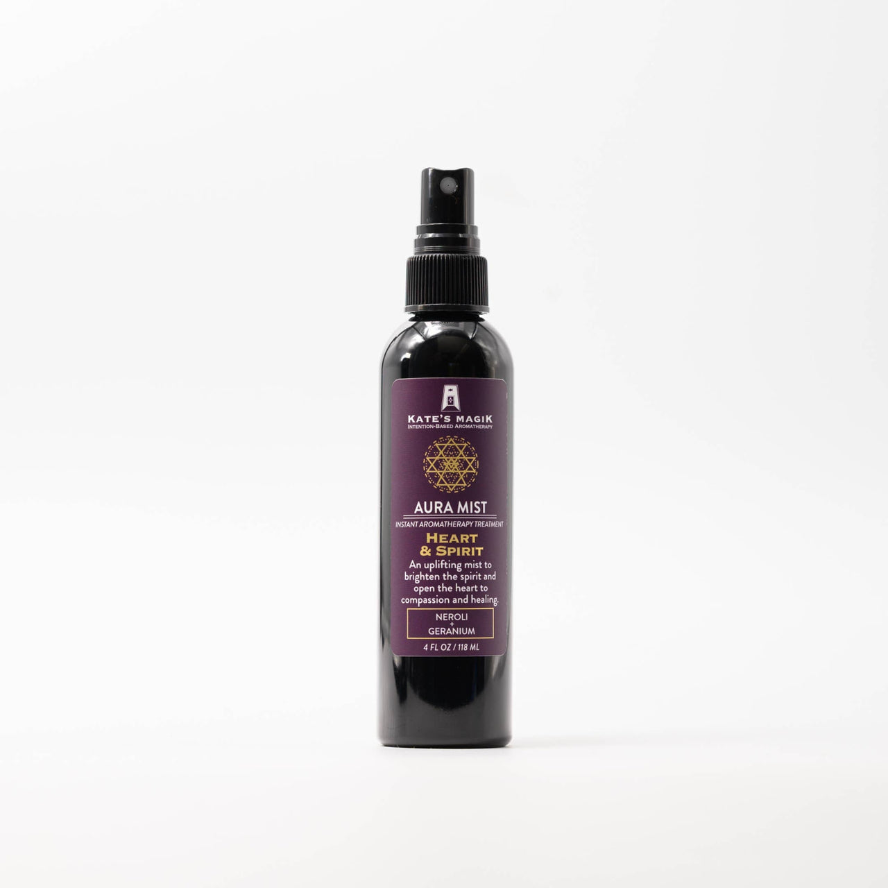 Kate’s Magik Aura Mist Heart & Spirit black spray bottle with purple label