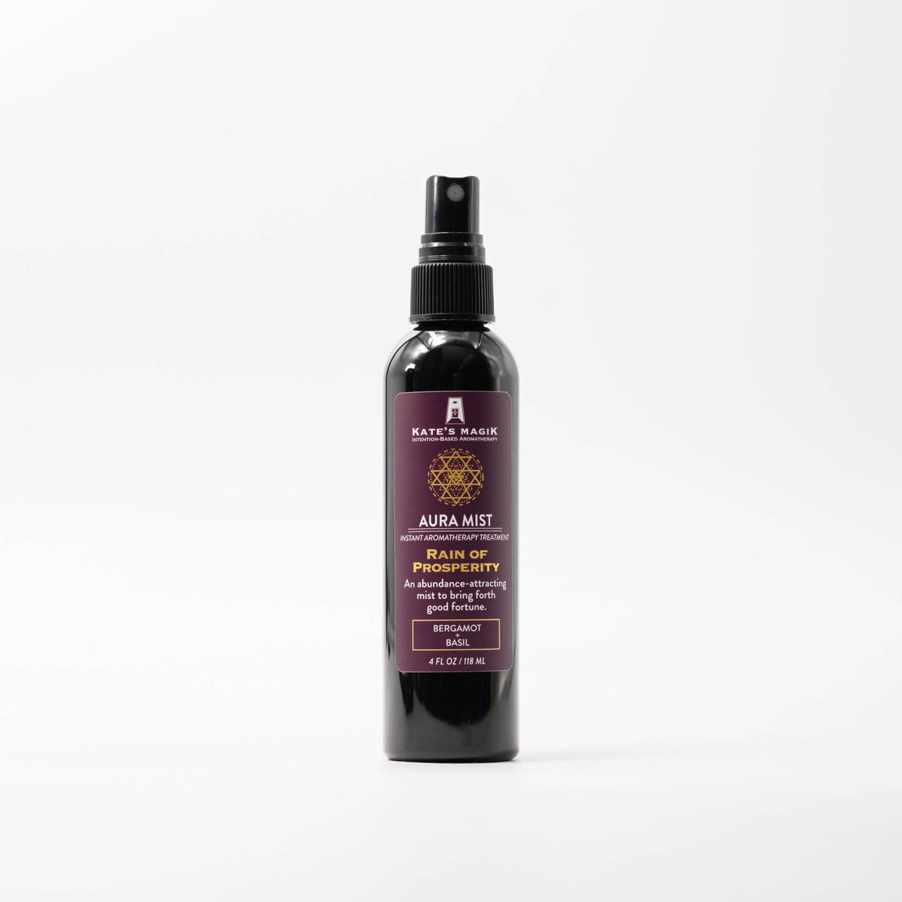 Kate’s Magik Aura Mist Rain of Prosperity spray bottle in black glass with purple label