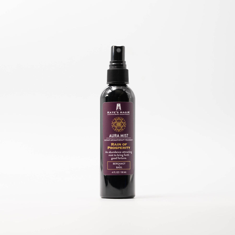 Kate’s Magik Aura Mist Rain of Prosperity spray bottle in black glass with purple label