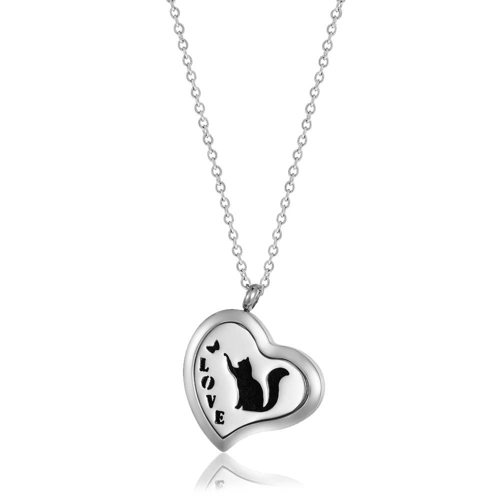 Silver heart locket necklace with black cat silhouette and love engraving