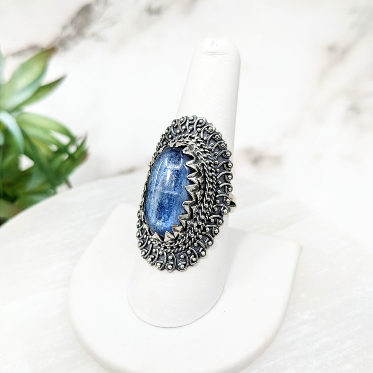 Blue Sapphire Kyanite Sz 8.5 Tribal Ring #LV4459 on Display