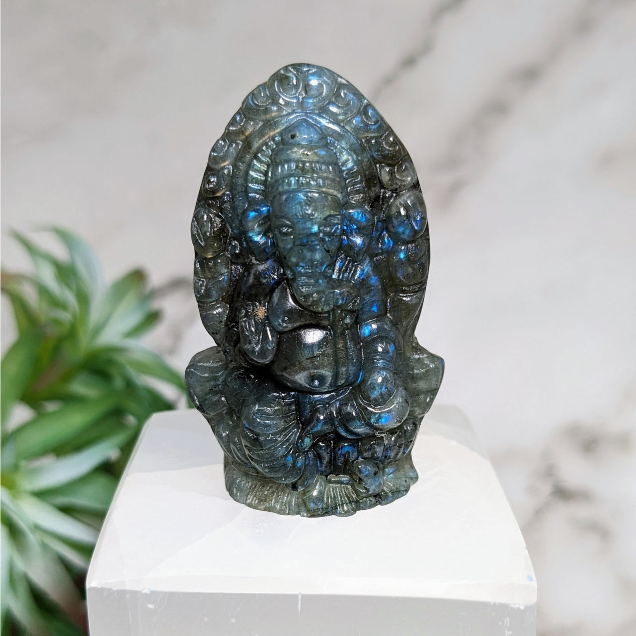 Labradorite 1.9’ Ganesh Carving #LV4040 - Blue-Faced Buddha Statue