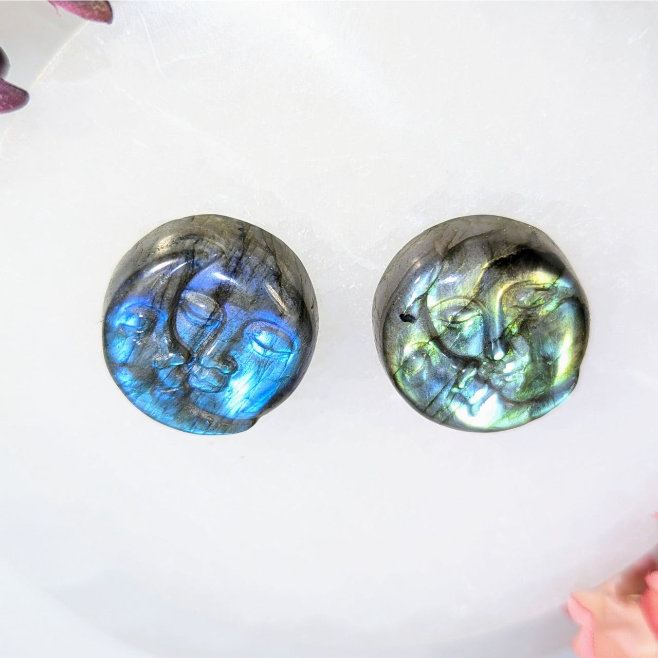 Two 1’’ labradorite moon in sun face carvings with iridescent blue-green hues #BC0338