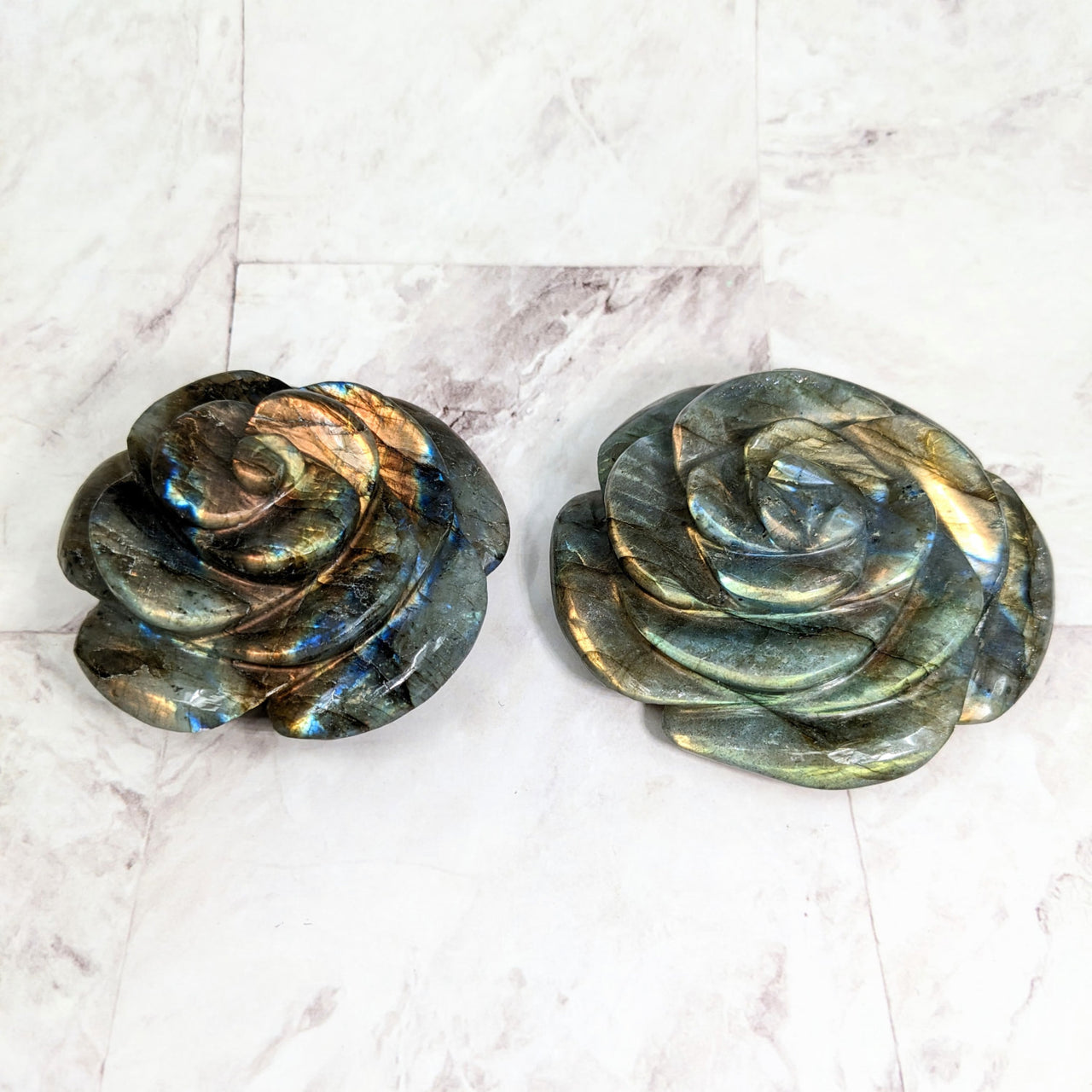 Handmade glass bowls with irolite design, featured in Labradorite 2.7 - 3’ Flower Carving #LV2343