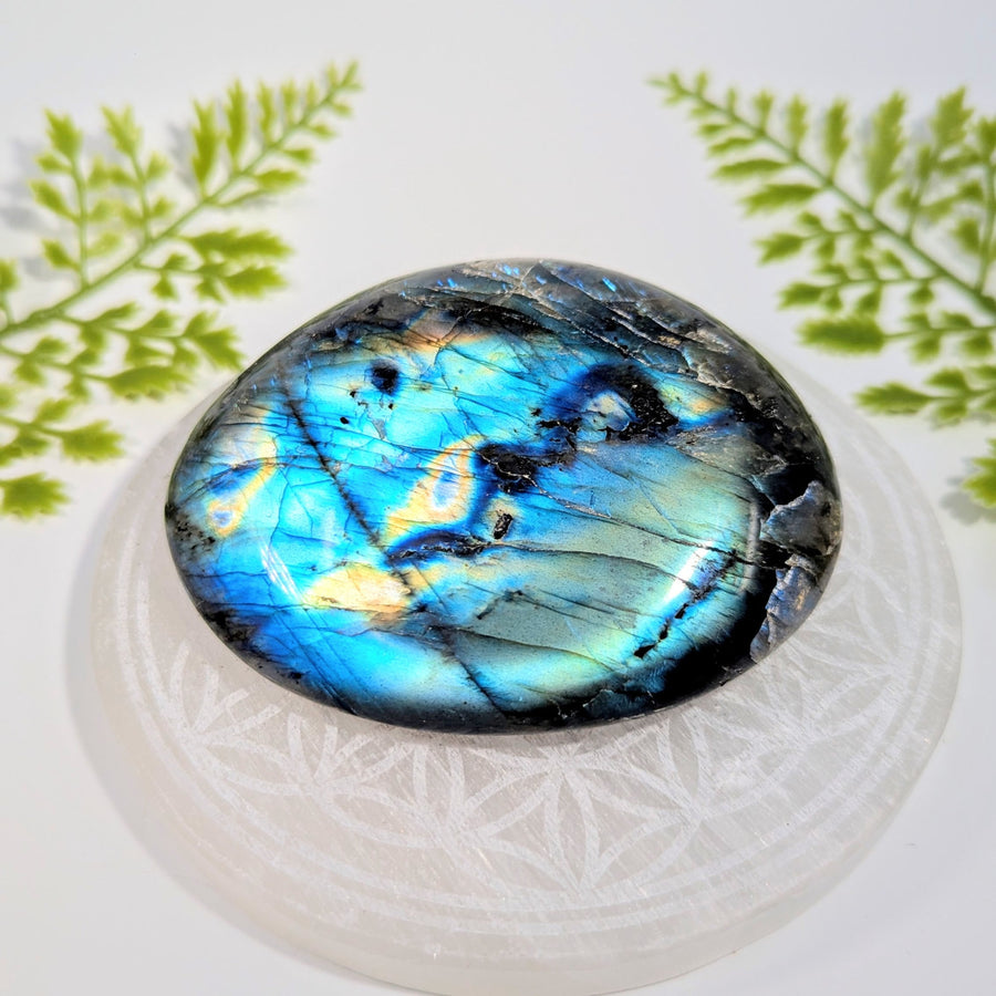 Labradorite 3.6’’ Pebble #BC1134 oval stone on selenite base