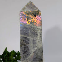 Translucent faceted labradorite 4.8’’ obelisk tower with iridescent pink-gold sheen