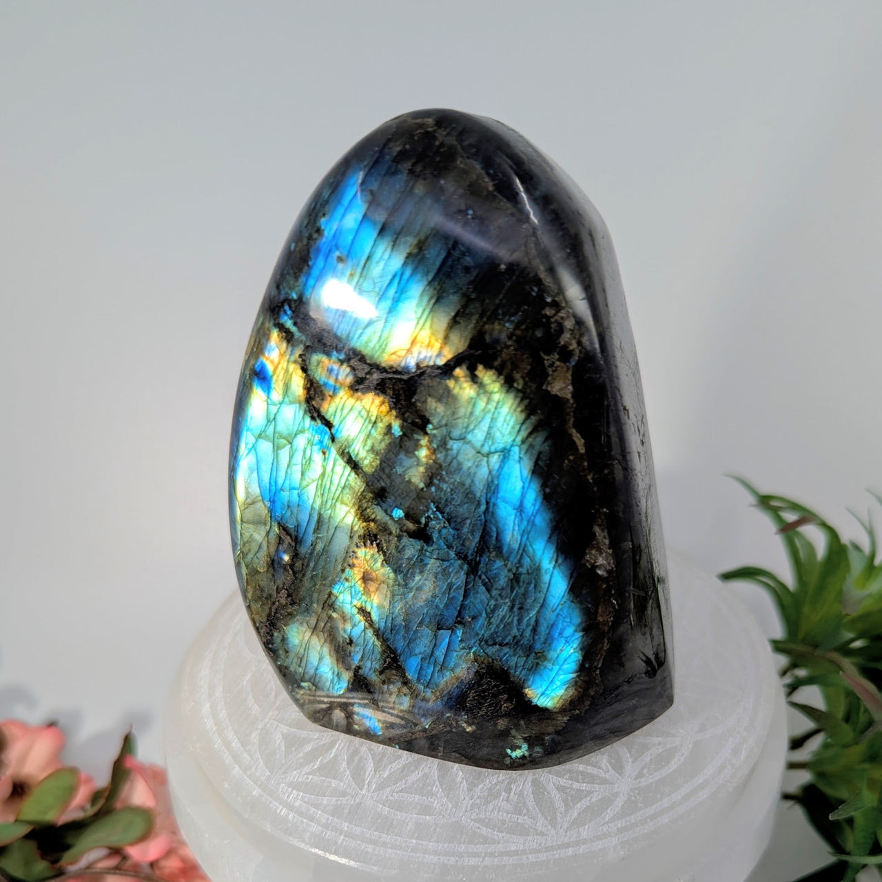 Polished labradorite crystal with iridescent blue and gold flashes for protective crystals and raising consciousness