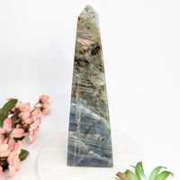 Polished Labradorite Obelisk Tower 6 inches with iridescent blue and green flash effect