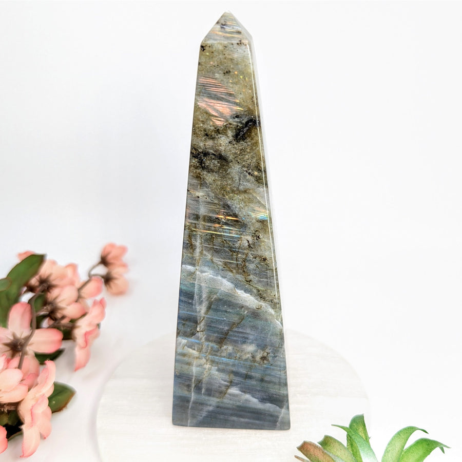 Polished Labradorite Obelisk Tower 6 inches with iridescent blue and green flash effect