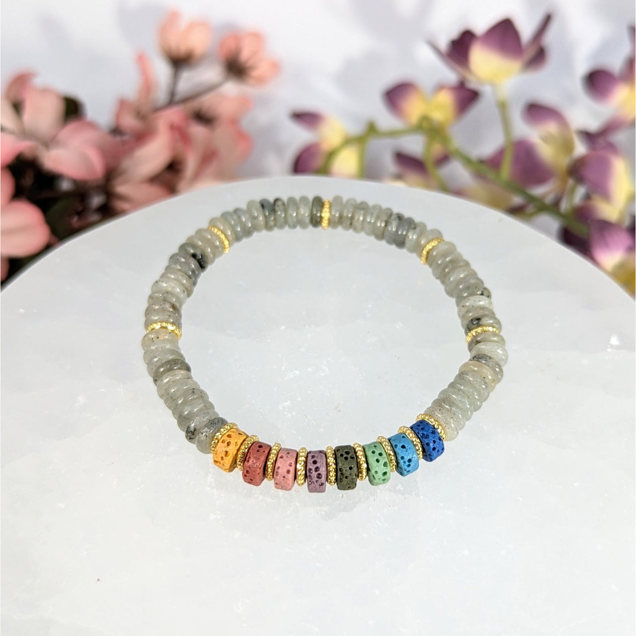 Labradorite 6mm and Chakra Lava Bracelet #LV9753 - $22