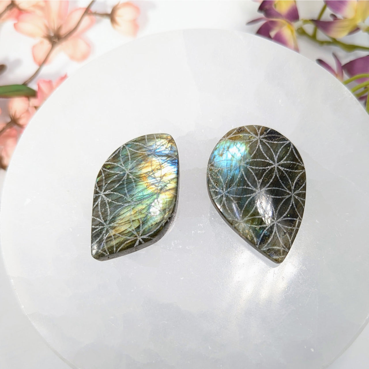 Labradorite cabochons with engraved Flower of Life patterns for jewelry making