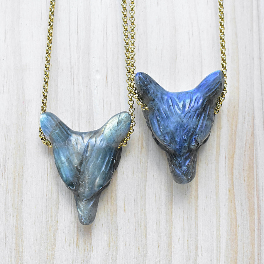 Labradorite Carved Wolf Small 18’’ Necklace #LV9195 in blue-gray and sapphire tones