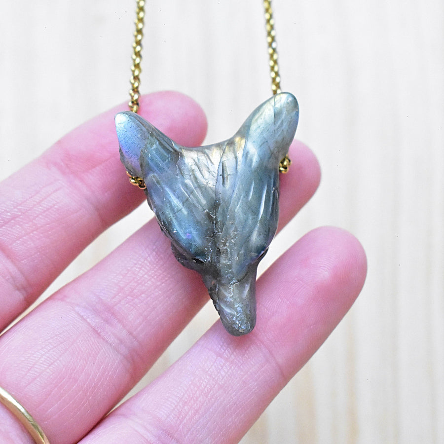 Labradorite carved wolf small 18’’ necklace on gold chain