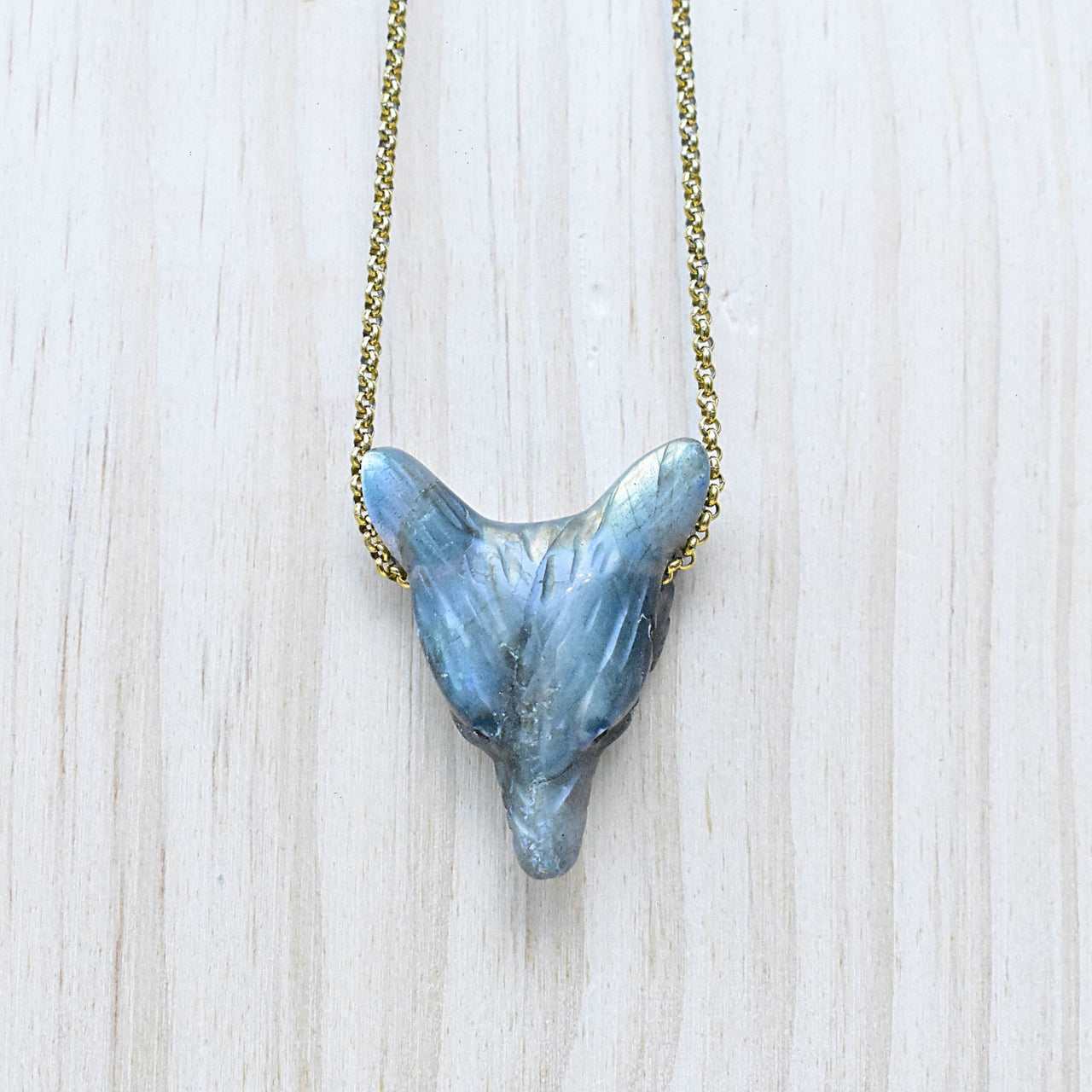 Delicate labradorite carved wolf pendant necklace on 18’’ gold chain