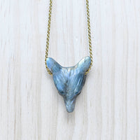 Delicate labradorite carved wolf pendant necklace on 18’’ gold chain