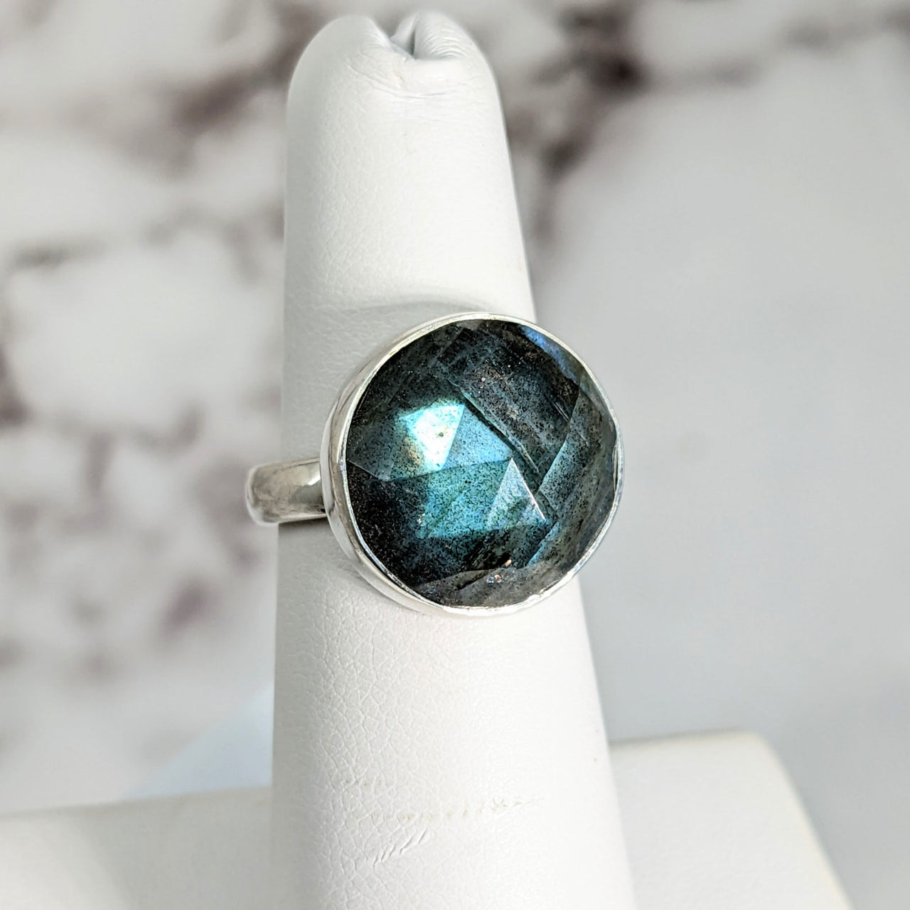 Labradorite Faceted Sz 5.5 Oval SS Ring with a Blue Stone #SK9514