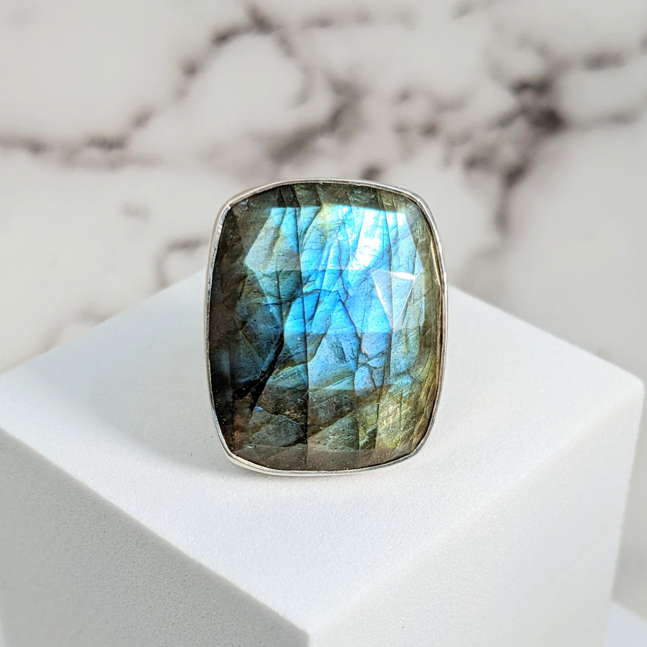 Labradorite Faceted Rectangle Ring with Blue Stone in Size 8.75, Product #SK9532