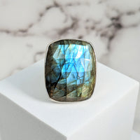 Thumbnail for Labradorite Faceted Rectangle Ring with Blue Stone in Size 8.75, Product #SK9532