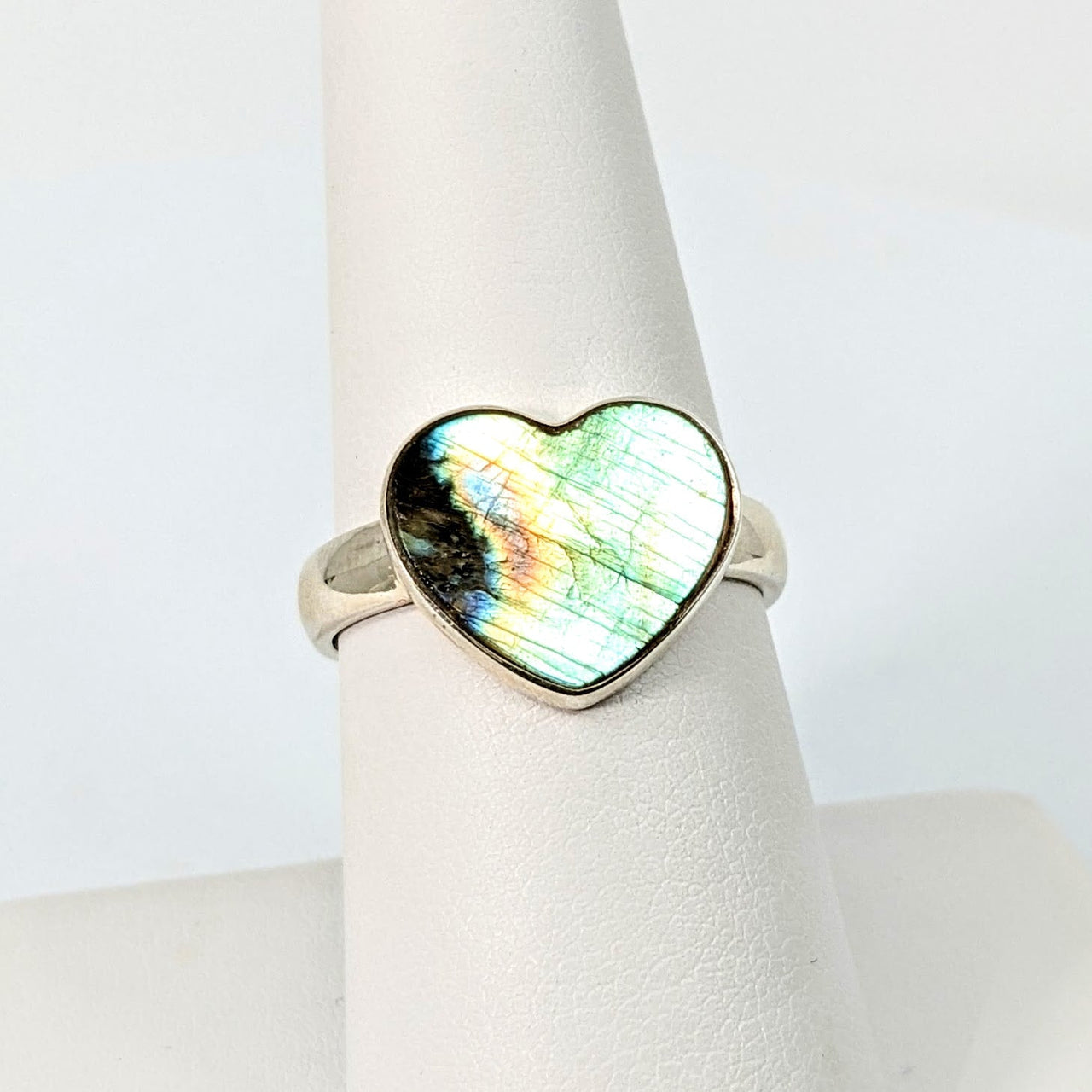 Close-up of Labradorite Heart Ring with heart-shaped stone, product SKU #SK9280