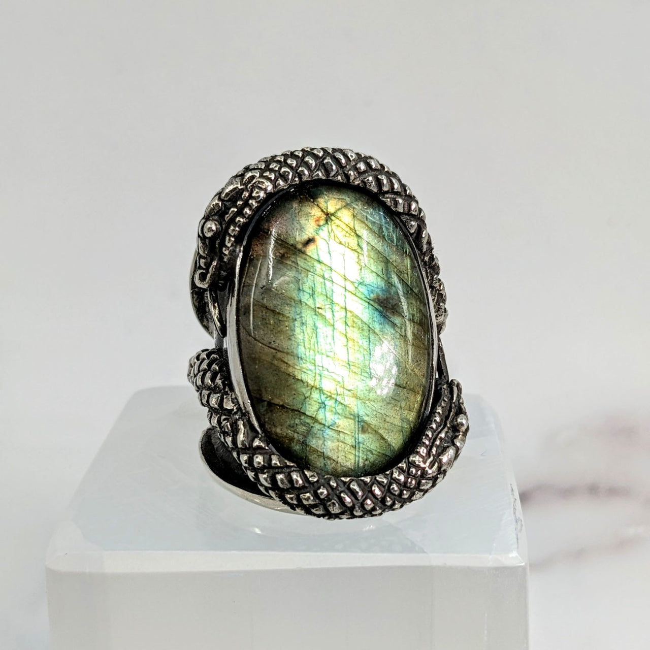 Close-up of Labradorite Jumbo S.S. Serpent Snake Ring Sz 10.5 #LV1721 with labradorite stone