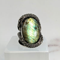 Thumbnail for Close-up of Labradorite Jumbo S.S. Serpent Snake Ring Sz 10.5 #LV1721 with labradorite stone