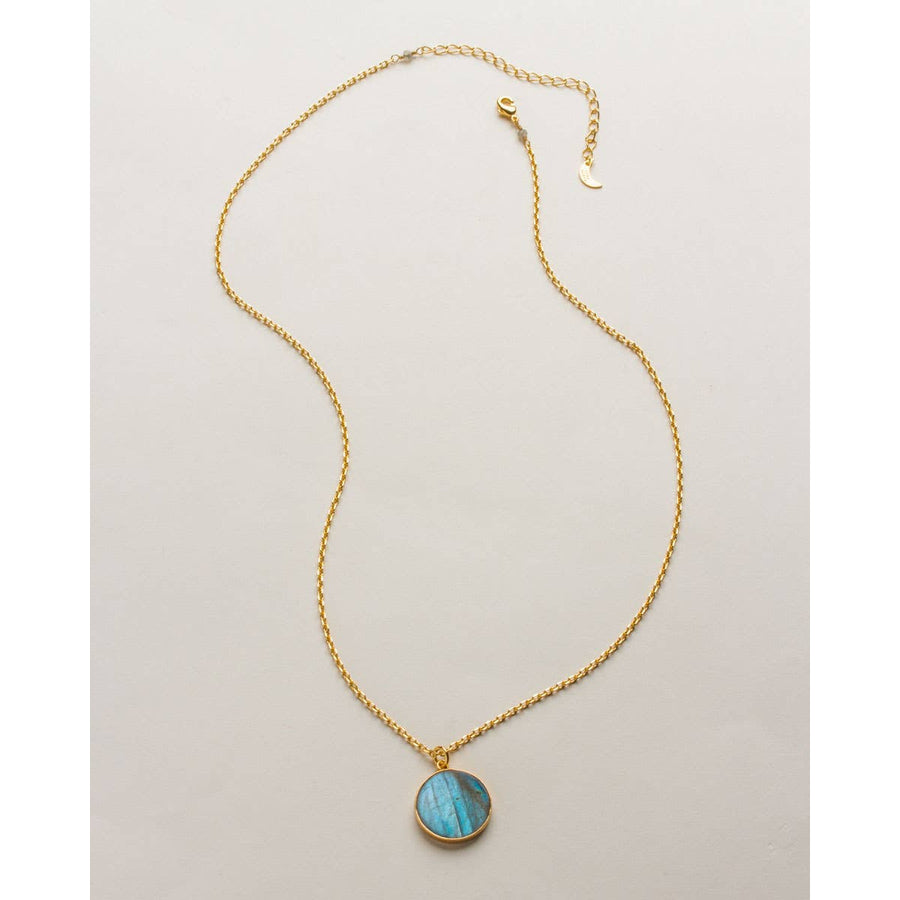 Labradorite Long Medallion Necklace Gold #LV9115 - $92