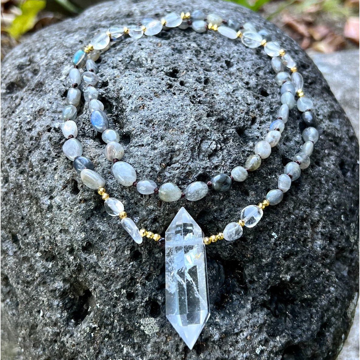 Crystal Pendant Necklace with Moonstone Beads and Clear Quartz Point for Moon Energy