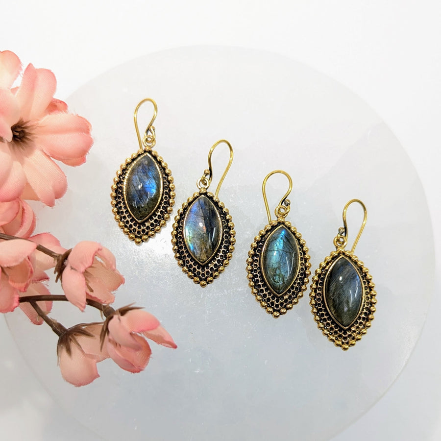 Labradorite Marquis 1.2’’ Brass Earrings #LV9840 - $36