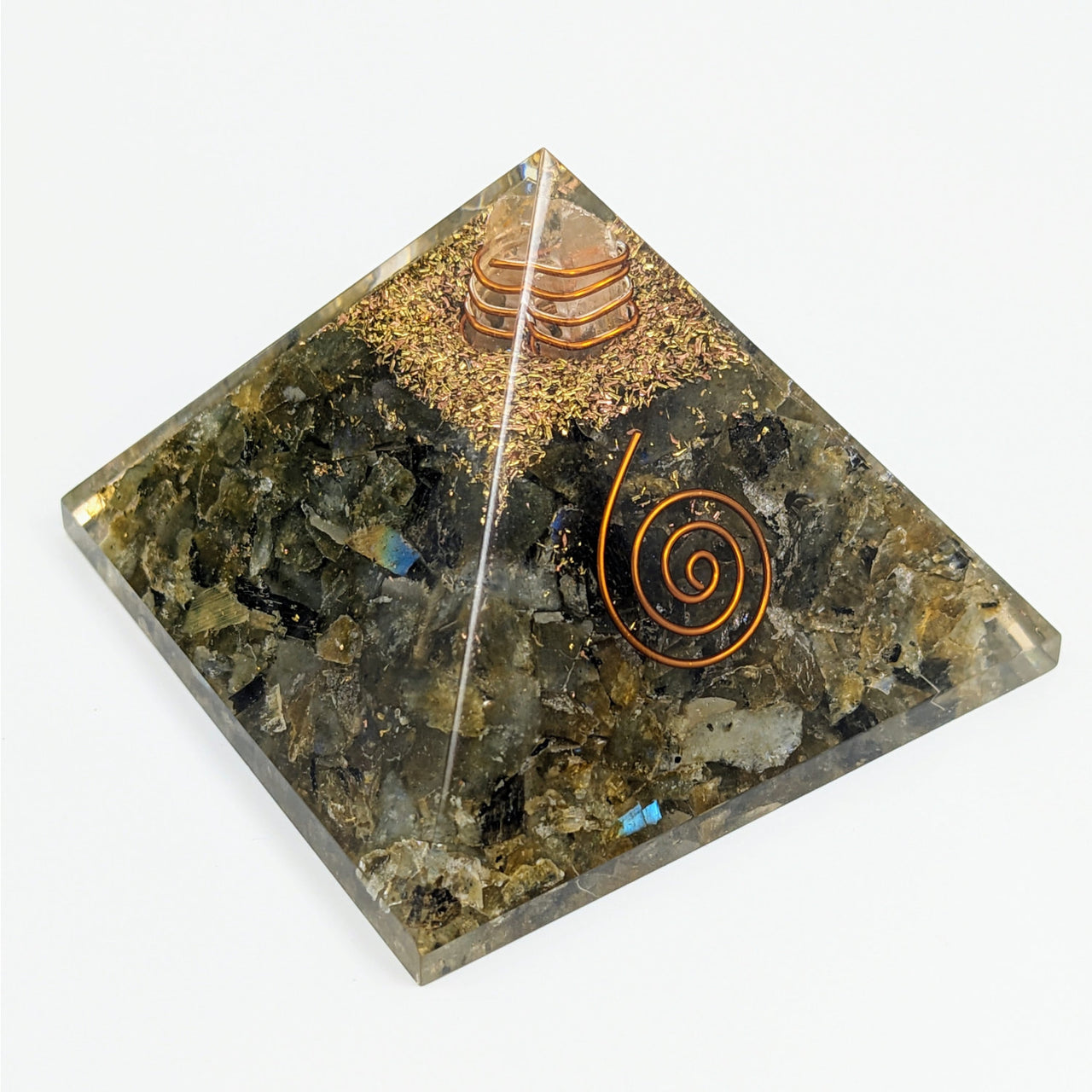 Close-up of Labradorite Orgone Pyramid 7cm #LV3369 with a spiral design