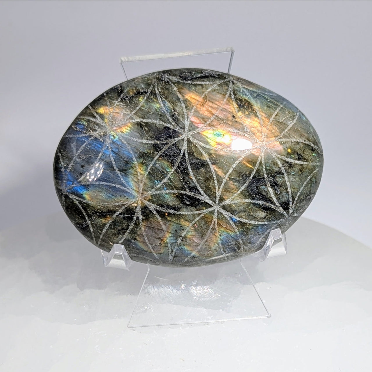 Labradorite Palm 2.4’’ w Flower of Life Etching #LV9414 $49