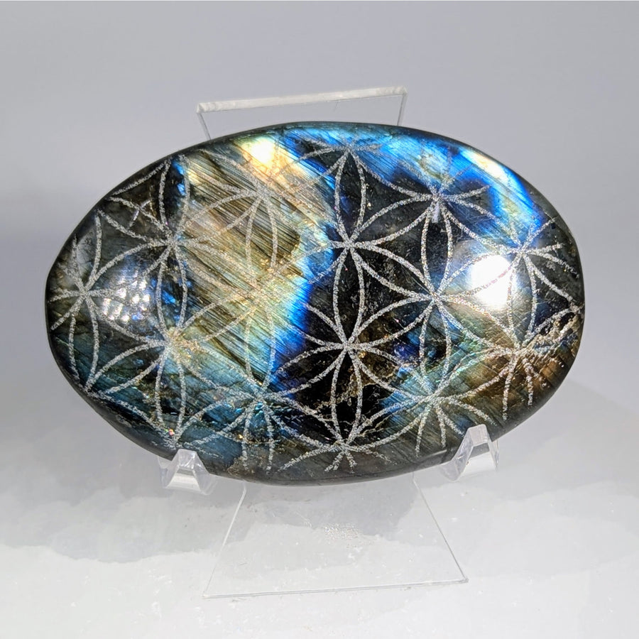 Labradorite Palm 2.6’’ w Flower of Life Etching #LV9413 $39