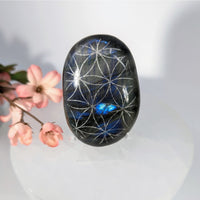 Labradorite Palm 2.7’’ w Flower of Life Etching #LV9356