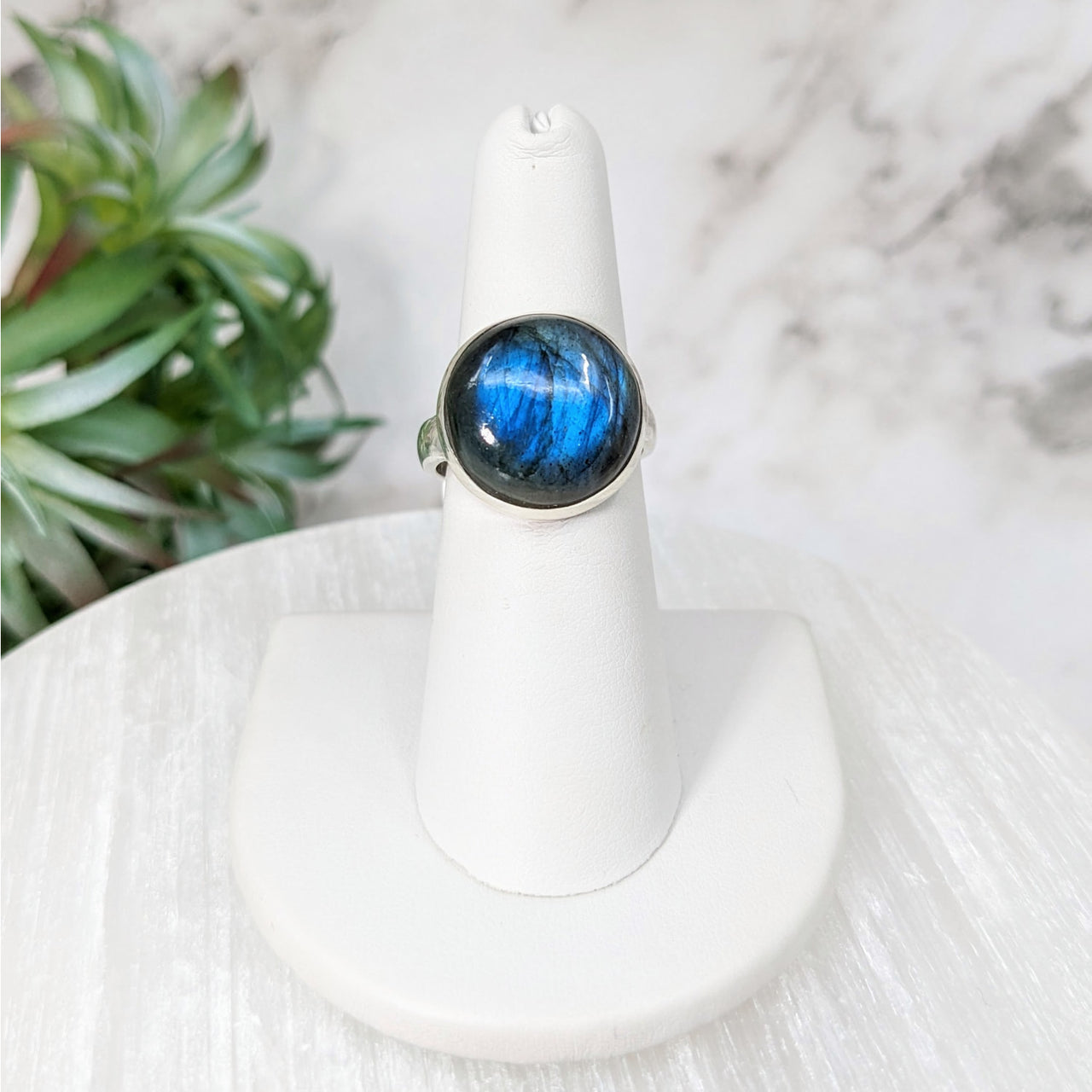 Labradorite Polished Blue Round Sterling Silver Ring #LV5115 with White Background