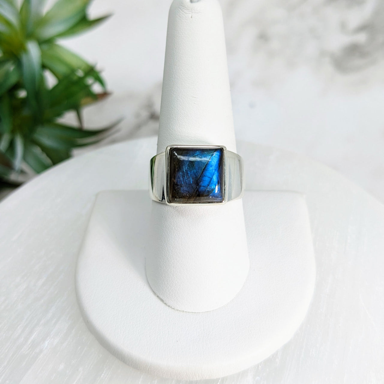 Labradorite S.S. Square Ring #LV5026 with blue stone on white stand