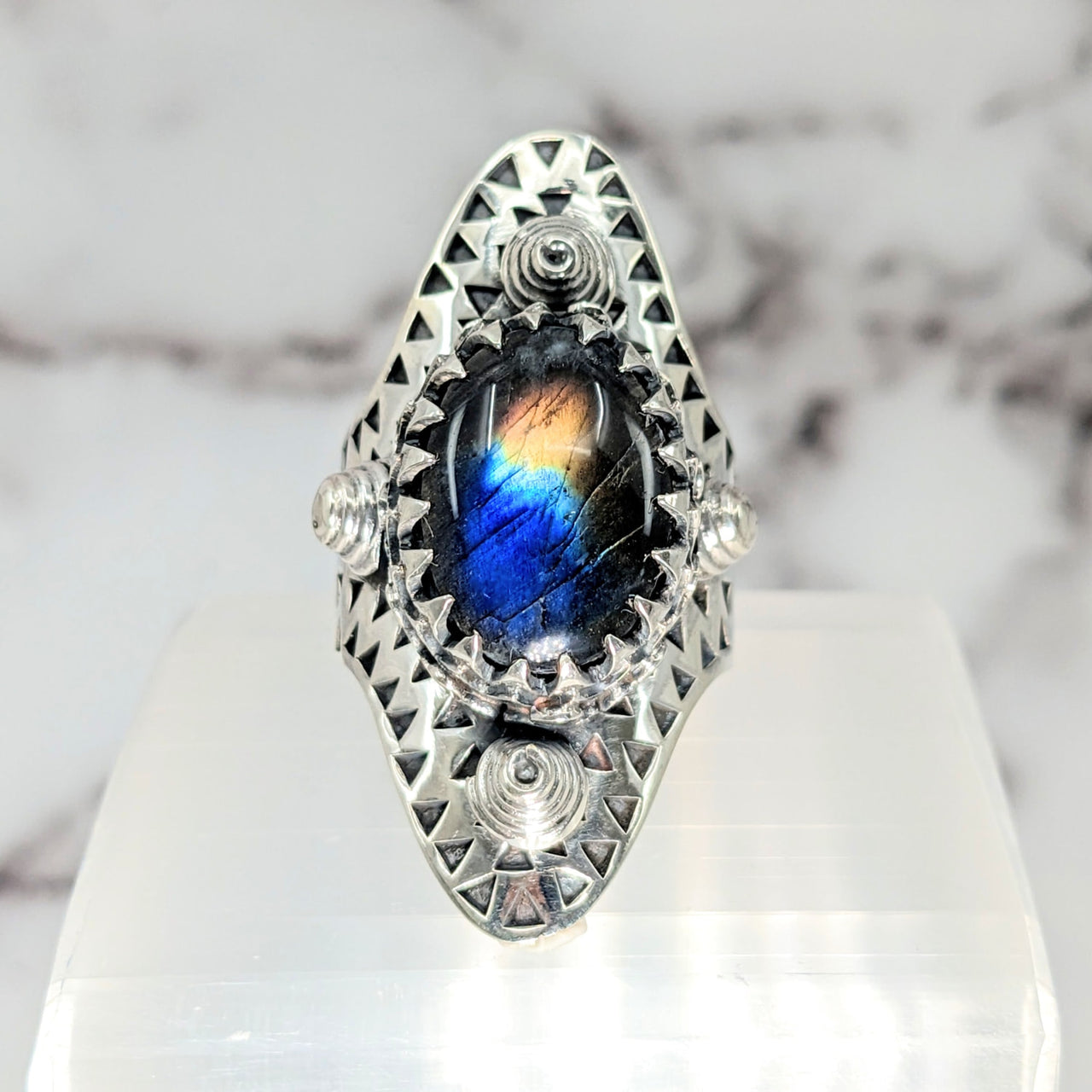 Close-up of Labradorite Sz 10.25 Geometric Shield Ring with blue and yellow stone #LV2618